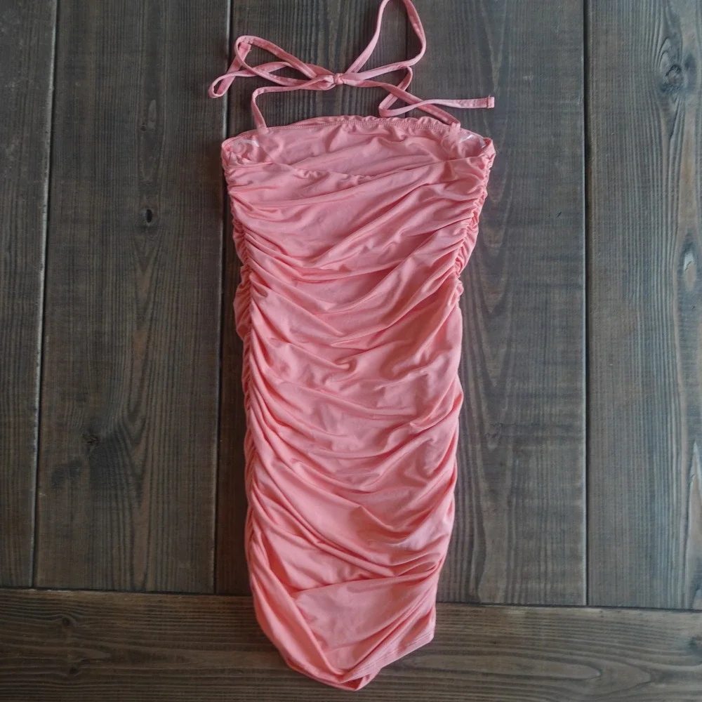 Vintage Y2K Mini‎ Dress Medium Coral Pink Ruched Asymmetric Bodycon Halter HOCO